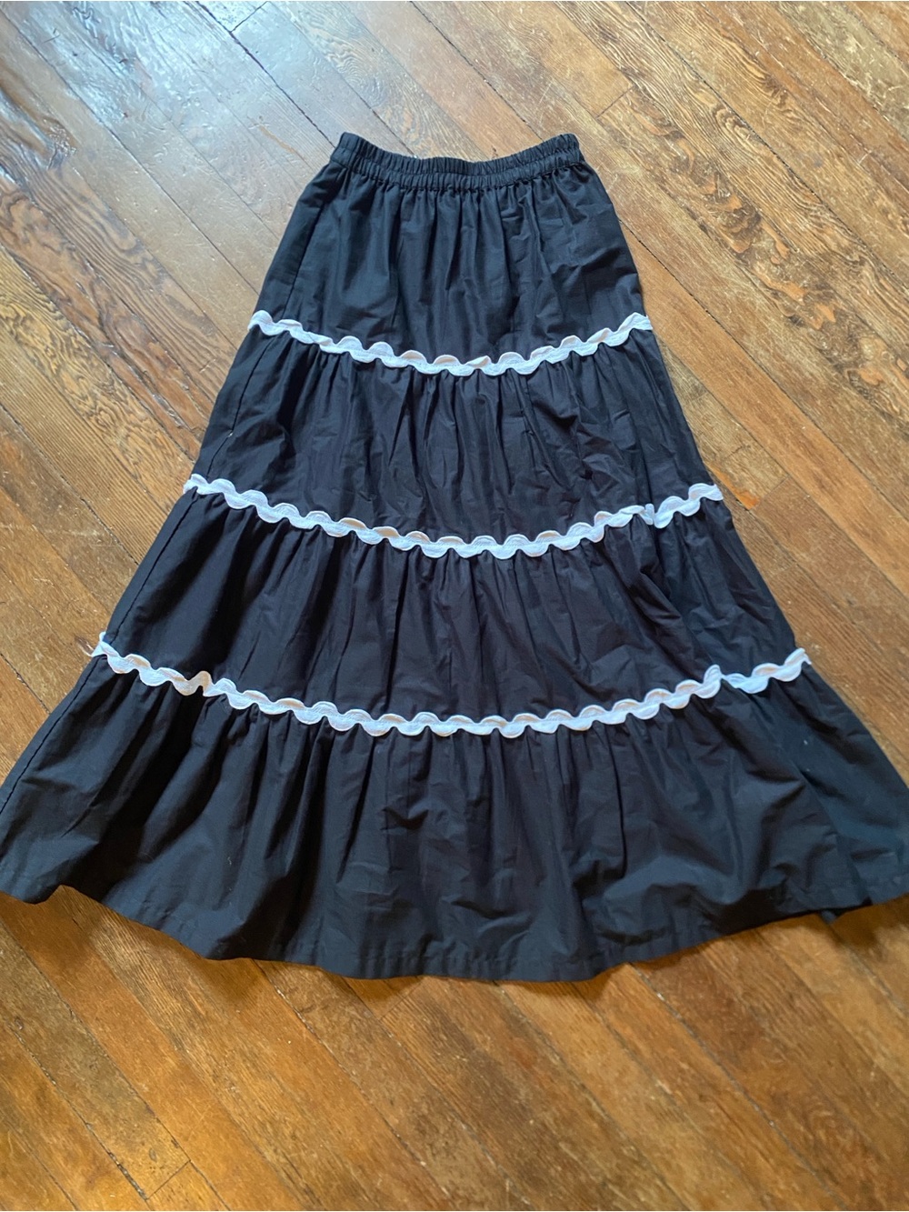 Black Tiered Midi Skirt with White Trim